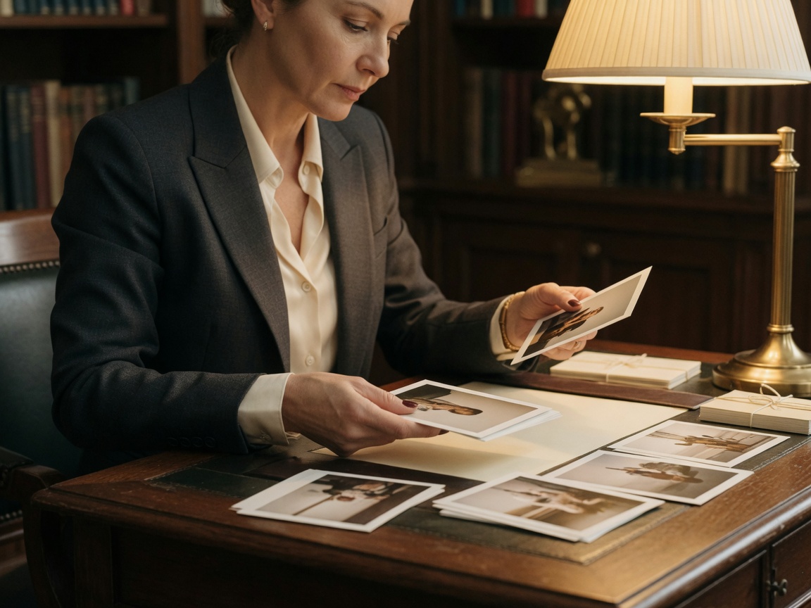 Human review of photographic cards at a library desk