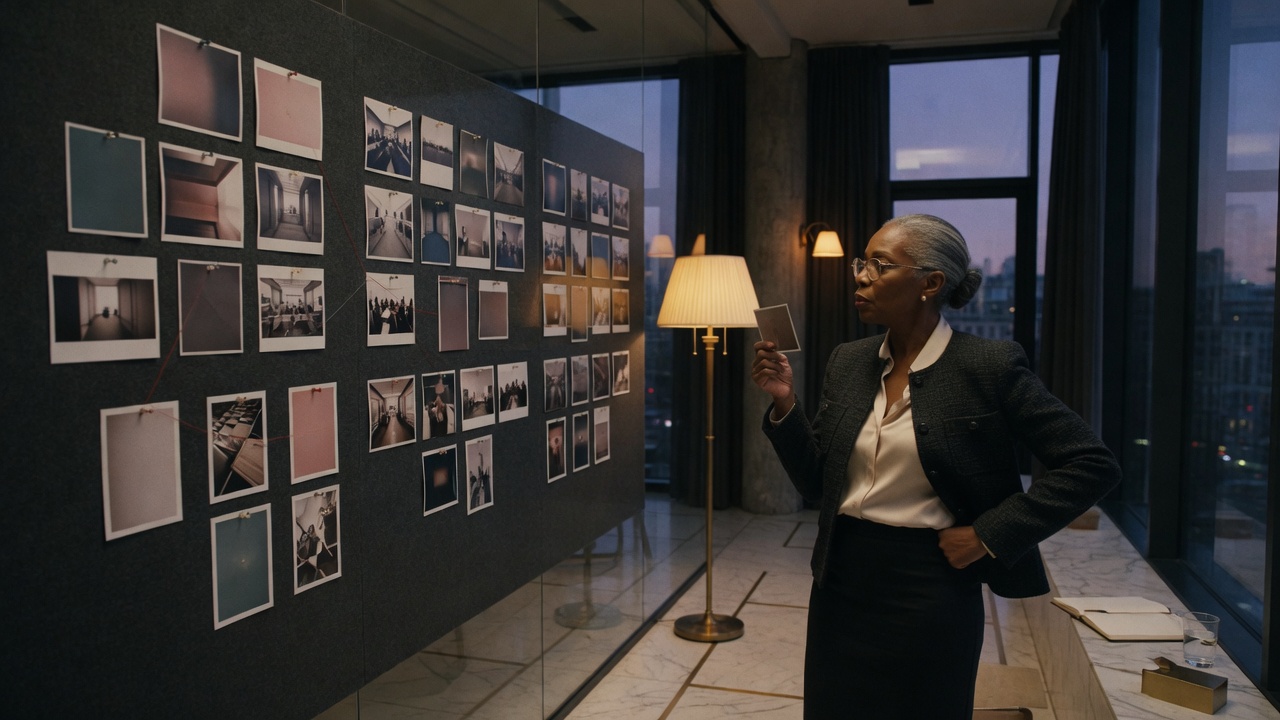 Communications director reviewing a content wall at dusk